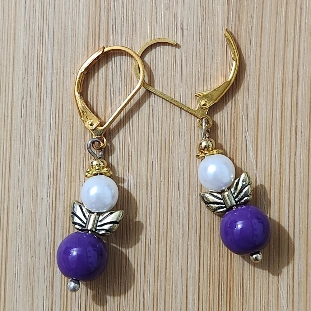 Hand Crafted Gold and Purple Beaded Earrings Pierced Dangle Angel